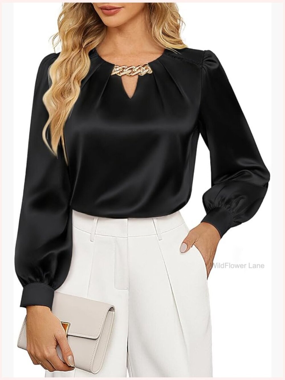 Dressy Casual Long Sleeve Blouse with Keyhole Chain Detail